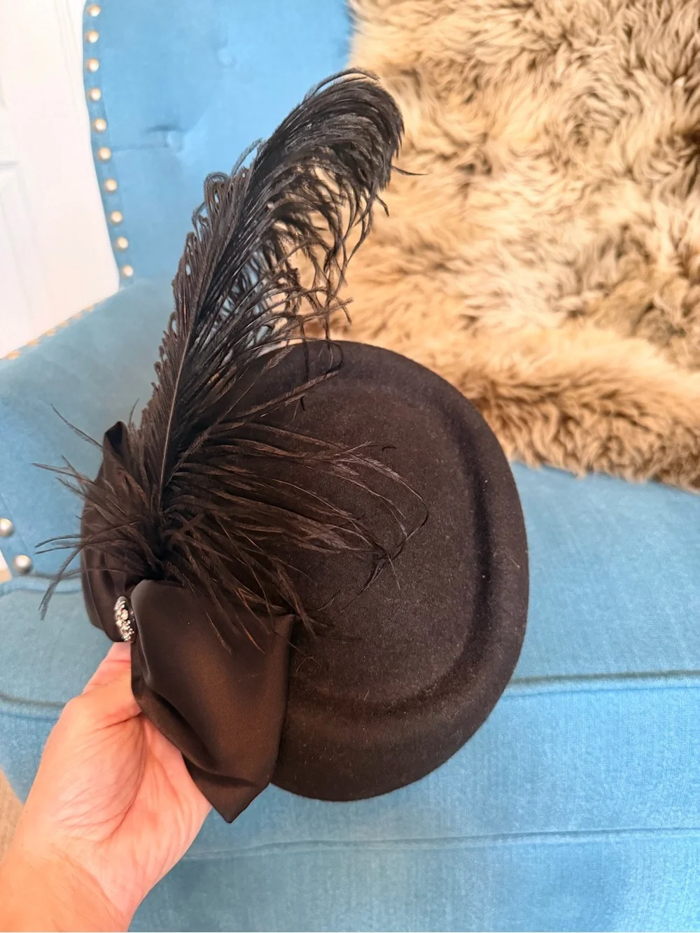 Vintage 1960’s Black Felt Hat with Large Feather and Bow